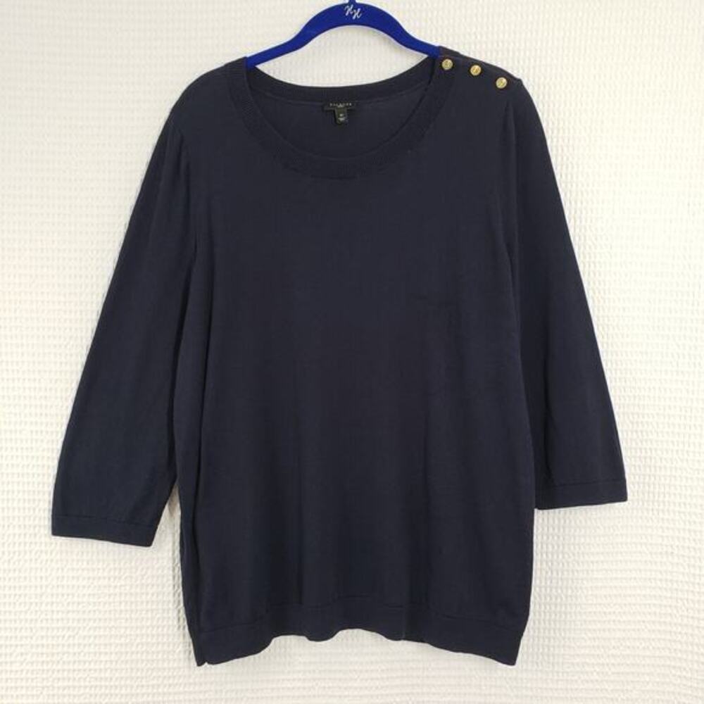 Talbots Sweater Womens 1X Navy Blue Nautical Gold Button Shoulder Detail‎ Knit
